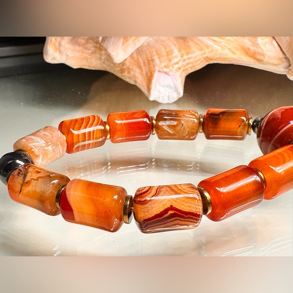 STRIPED AGATE + HAEMACHATES NATURAL STONES BRACELET size 7” - Picture 6 of 12